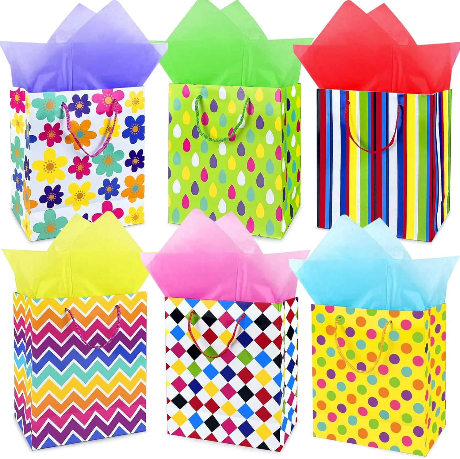 MUMULULU 6 Pack Gift Bags Medium Size with Handle and Tissue Paper Colorful Geometric Elements Pattern Gift Bags for Birthday Party Baby Shower Wedding Holiday Presents
