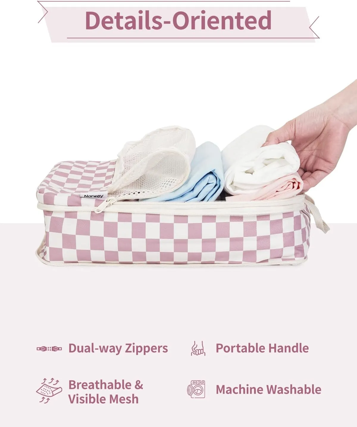 Narwey 6 Set Checkered Compression Packing Cubes for Travel Women Kids Carry on, Cute Packing Organizers Bag for Luggage Suitcase Backpack Duffle Bags (Dusty Rose Checkerboard)