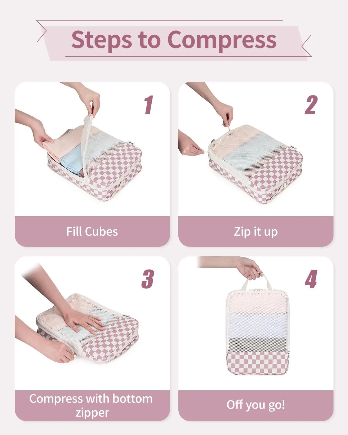 Narwey 6 Set Checkered Compression Packing Cubes for Travel Women Kids Carry on, Cute Packing Organizers Bag for Luggage Suitcase Backpack Duffle Bags (Dusty Rose Checkerboard)