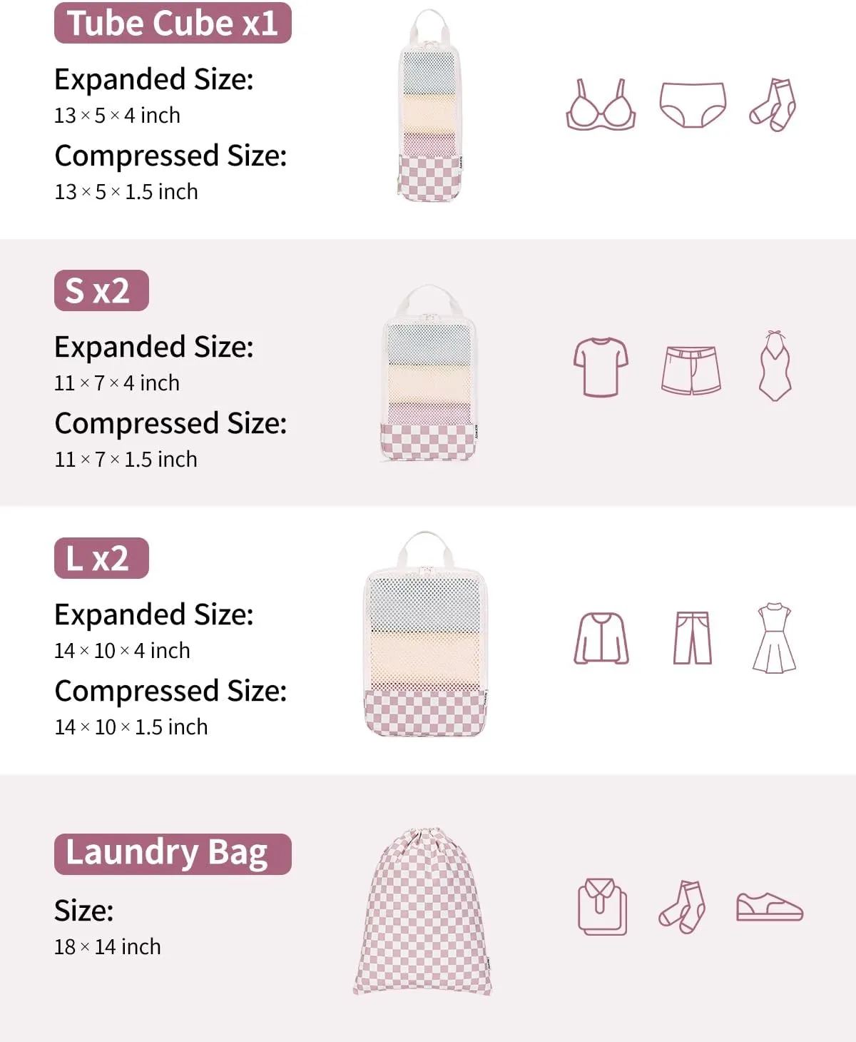 Narwey 6 Set Checkered Compression Packing Cubes for Travel Women Kids Carry on, Cute Packing Organizers Bag for Luggage Suitcase Backpack Duffle Bags (Dusty Rose Checkerboard)