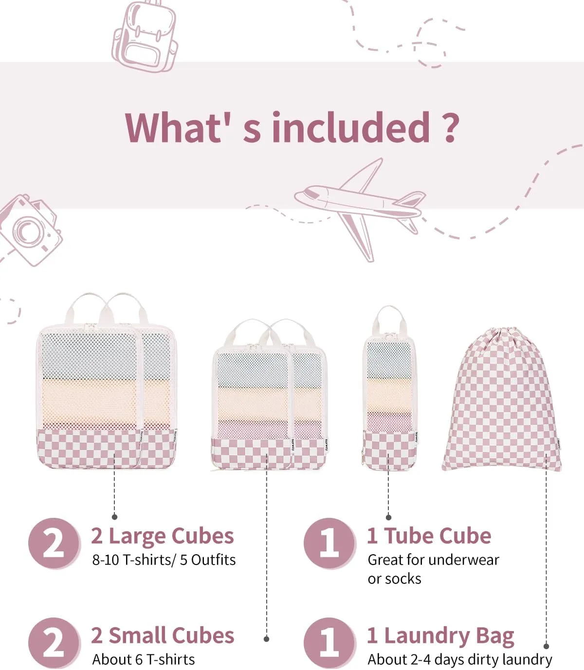 Narwey 6 Set Checkered Compression Packing Cubes for Travel Women Kids Carry on, Cute Packing Organizers Bag for Luggage Suitcase Backpack Duffle Bags (Dusty Rose Checkerboard)