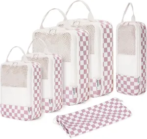 Narwey 6 Set Checkered Compression Packing Cubes for Travel Women Kids Carry on, Cute Packing Organizers Bag for Luggage Suitcase Backpack Duffle Bags (Dusty Rose Checkerboard)