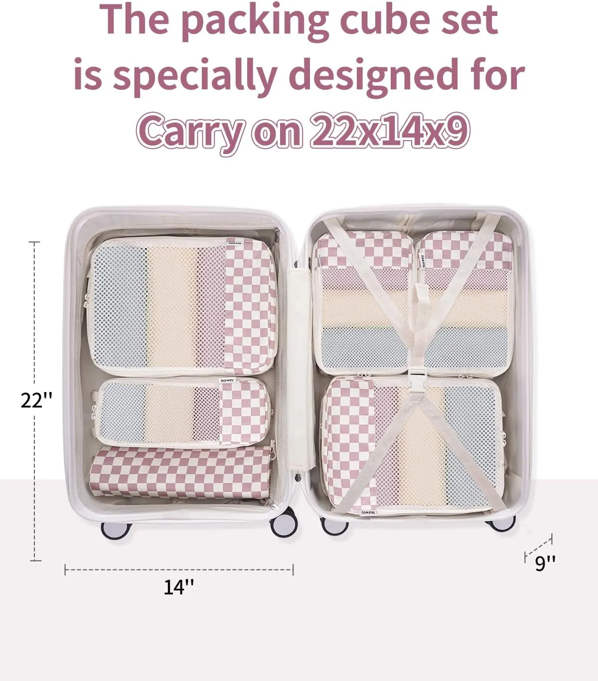 Narwey 6 Set Checkered Compression Packing Cubes for Travel Women Kids Carry on, Cute Packing Organizers Bag for Luggage Suitcase Backpack Duffle Bags (Dusty Rose Checkerboard)