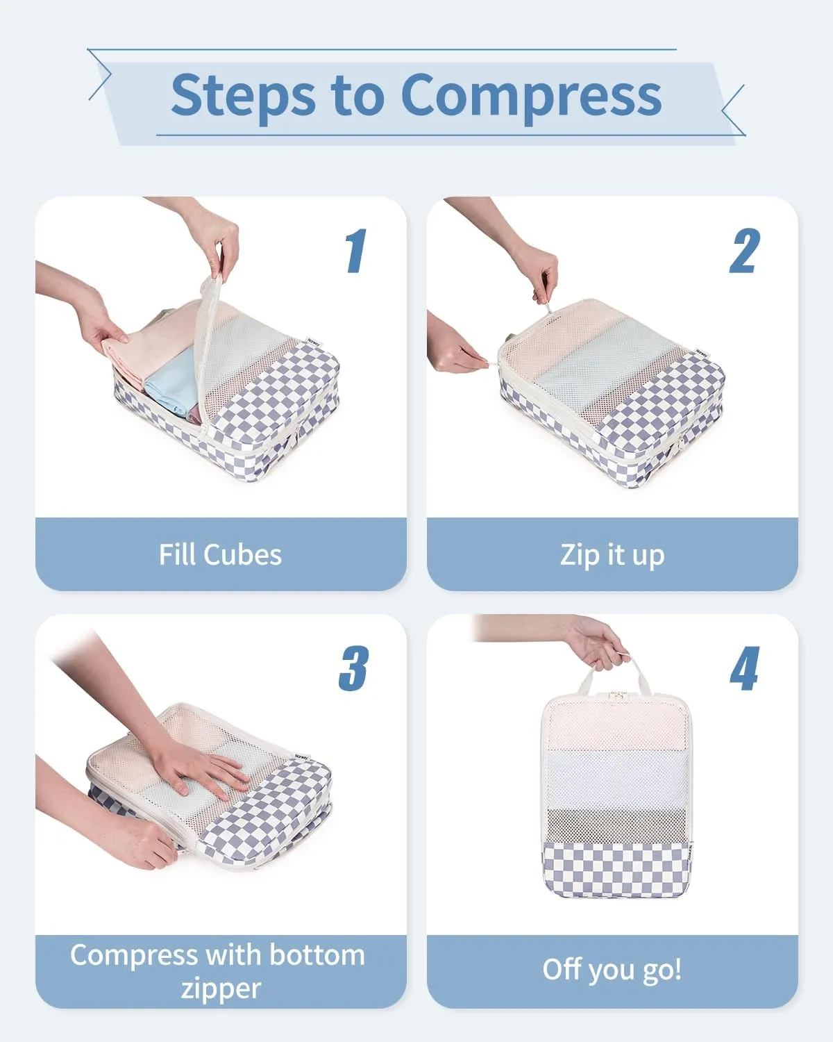 Narwey 6 Set Checkered Compression Packing Cubes for Travel Women Kids Carry on, Cute Packing Organizers Bag for Luggage Suitcase Backpack Duffle Bags (Grayish Blue Checkerboard)