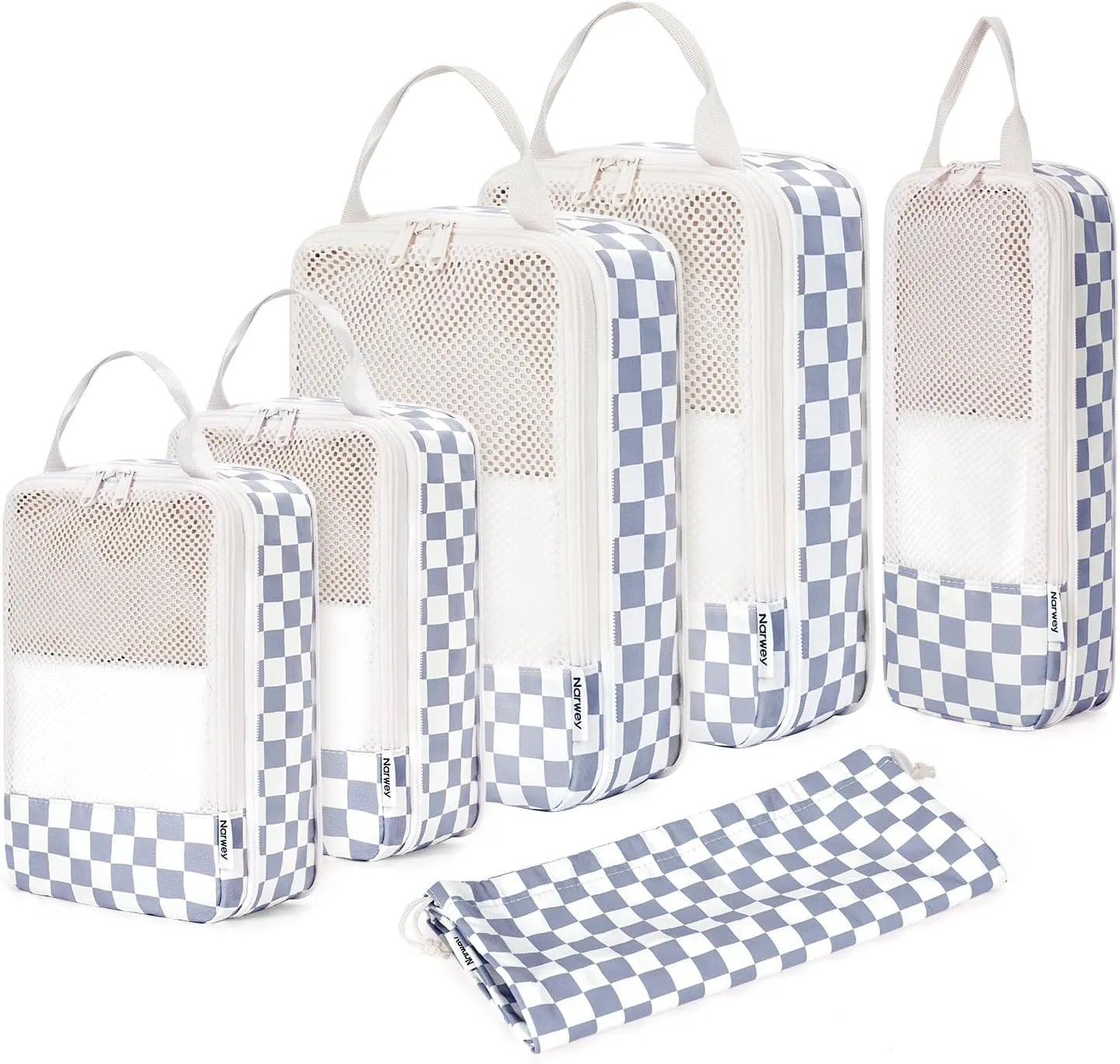 Narwey 6 Set Checkered Compression Packing Cubes for Travel Women Kids Carry on, Cute Packing Organizers Bag for Luggage Suitcase Backpack Duffle Bags (Grayish Blue Checkerboard)