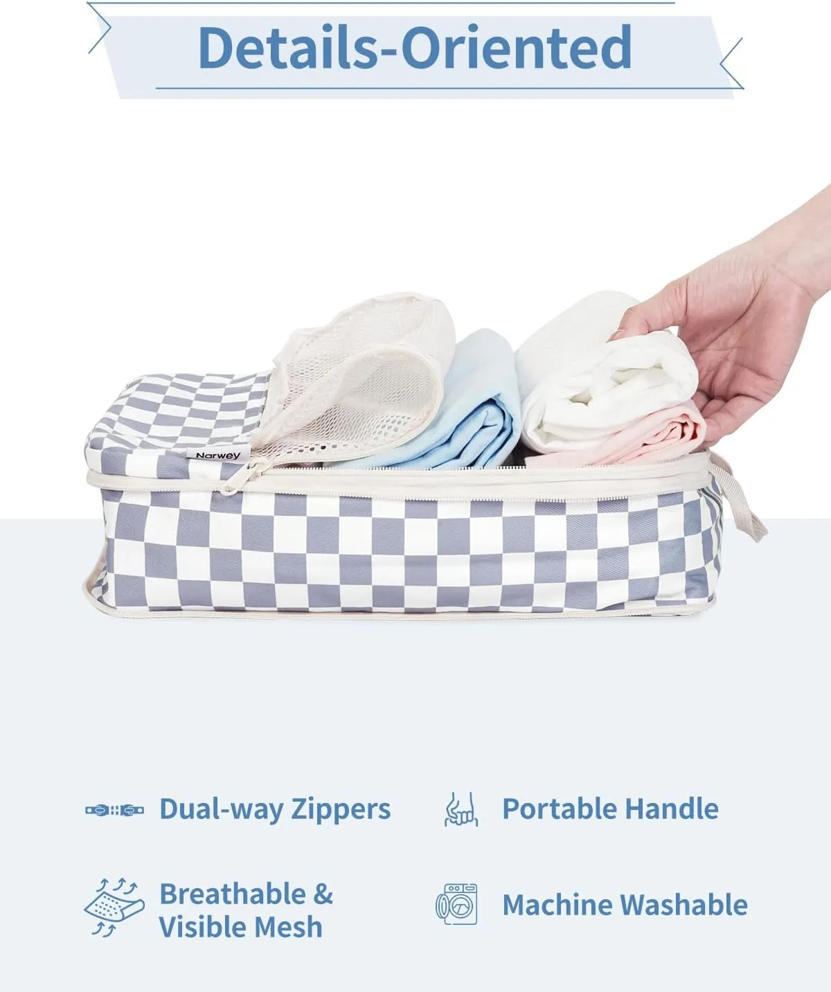 Narwey 6 Set Checkered Compression Packing Cubes for Travel Women Kids Carry on, Cute Packing Organizers Bag for Luggage Suitcase Backpack Duffle Bags (Grayish Blue Checkerboard)