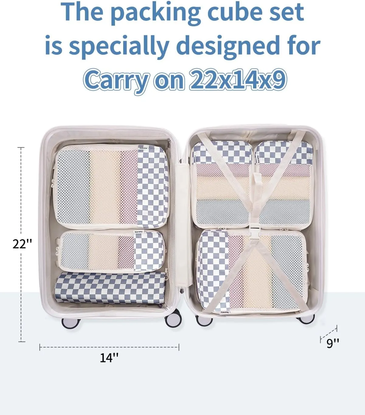 Narwey 6 Set Checkered Compression Packing Cubes for Travel Women Kids Carry on, Cute Packing Organizers Bag for Luggage Suitcase Backpack Duffle Bags (Grayish Blue Checkerboard)