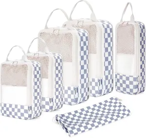 Narwey 6 Set Checkered Compression Packing Cubes for Travel Women Kids Carry on, Cute Packing Organizers Bag for Luggage Suitcase Backpack Duffle Bags (Grayish Blue Checkerboard)