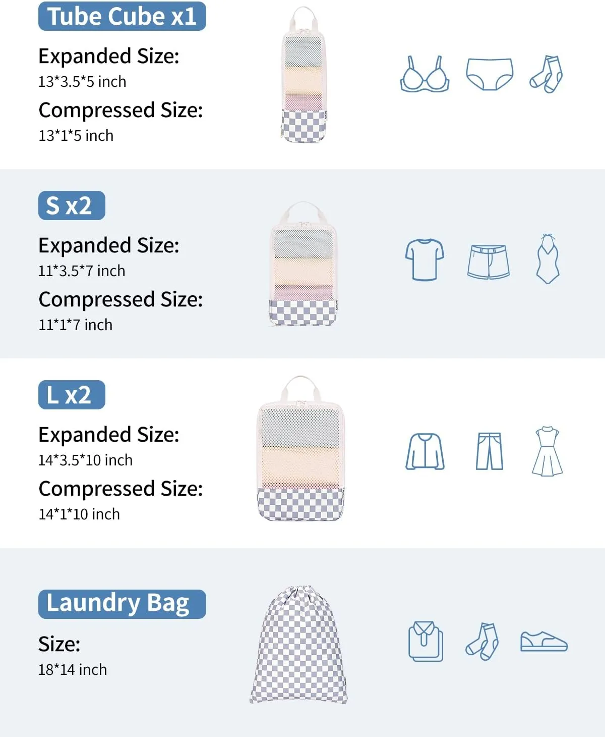 Narwey 6 Set Checkered Compression Packing Cubes for Travel Women Kids Carry on, Cute Packing Organizers Bag for Luggage Suitcase Backpack Duffle Bags (Grayish Blue Checkerboard)