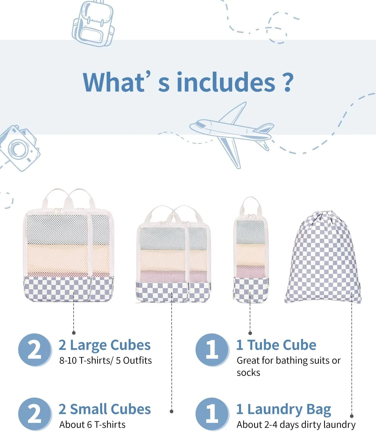 Narwey 6 Set Checkered Compression Packing Cubes for Travel Women Kids Carry on, Cute Packing Organizers Bag for Luggage Suitcase Backpack Duffle Bags (Grayish Blue Checkerboard)