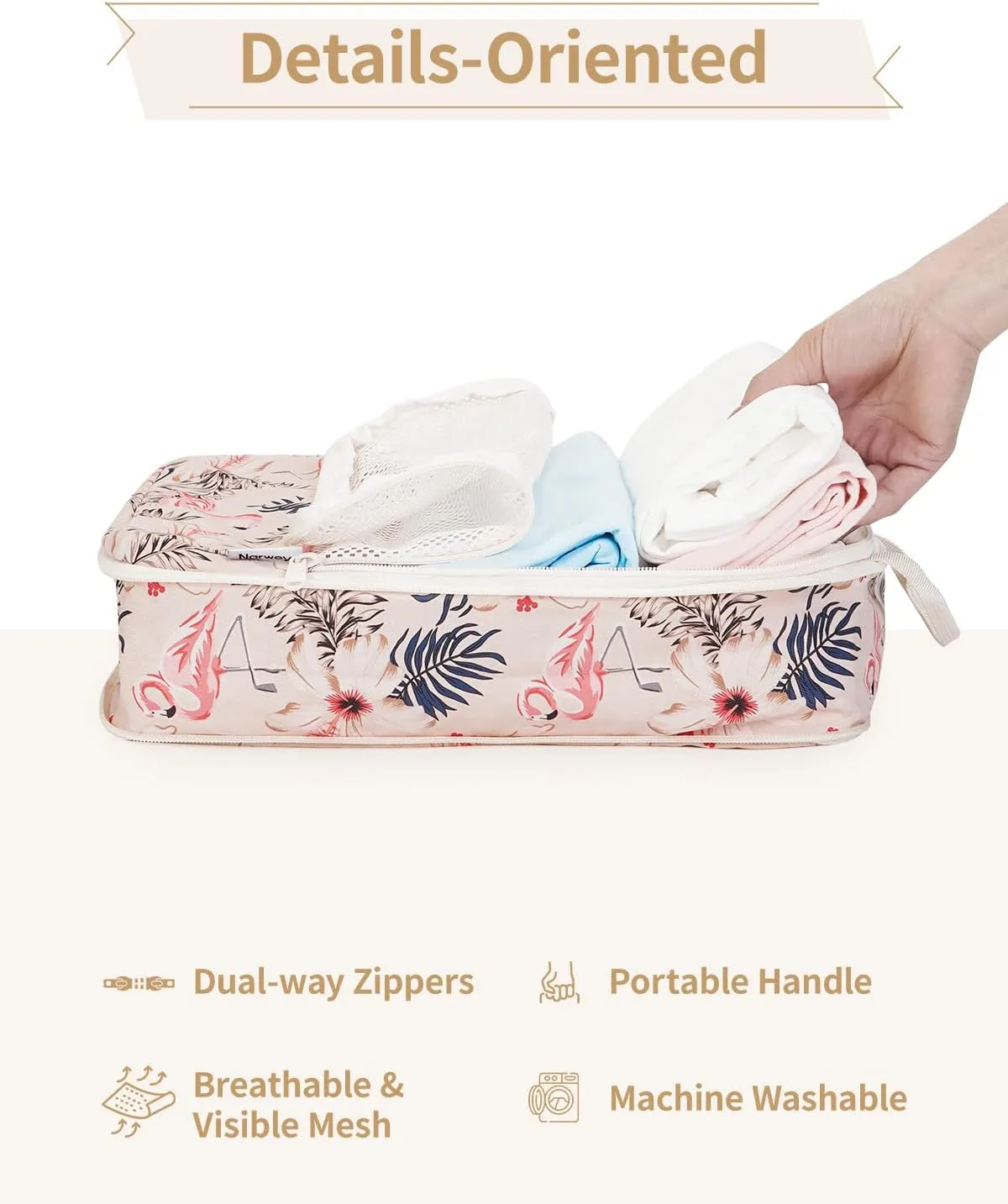 Narwey 6 Set Compression Packing Cubes Travel for Carry on Women, Packing Organizers Bag for Backpack Luggage Suitcase Duffle Bags (Beige Flamingo)