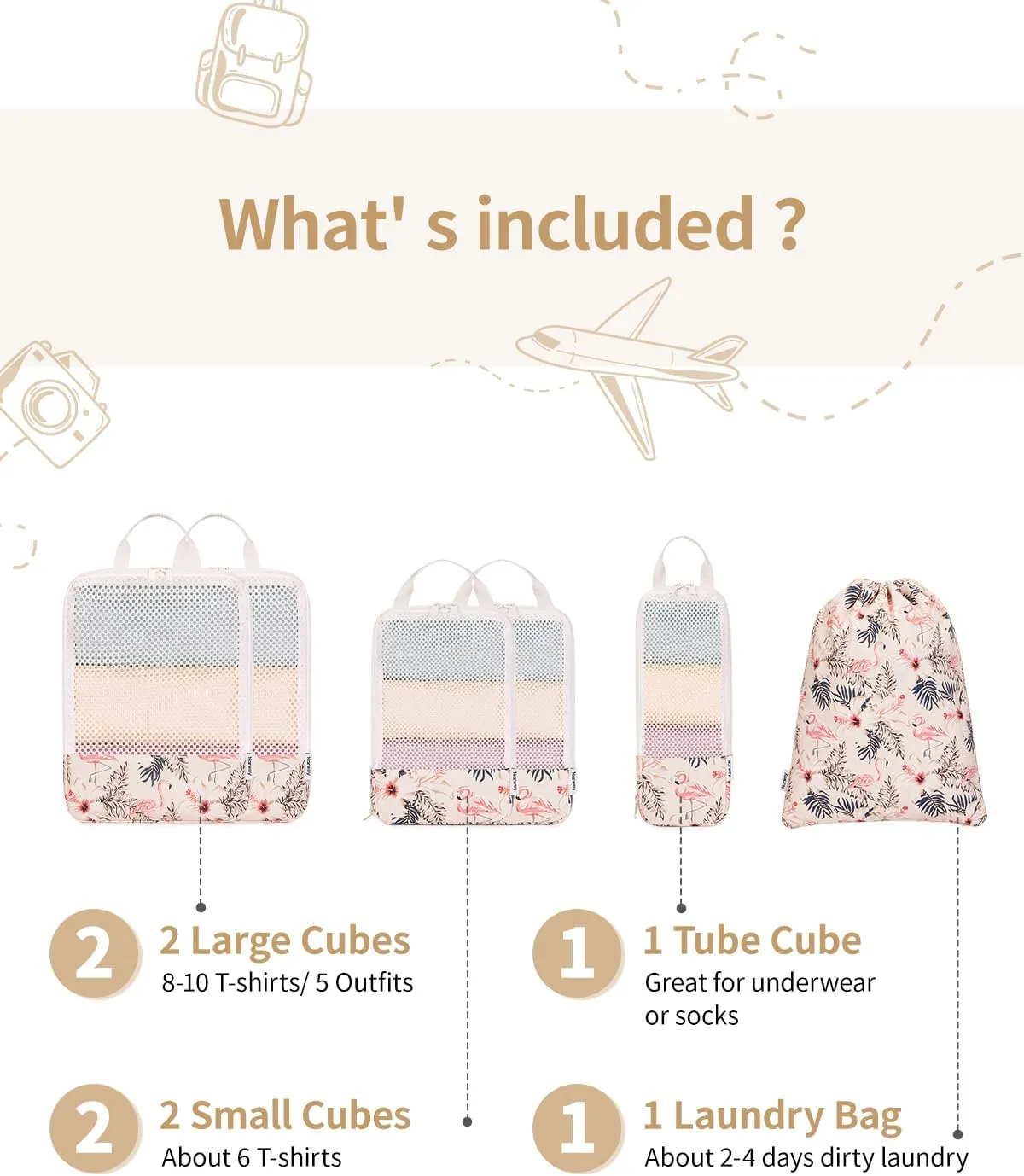 Narwey 6 Set Compression Packing Cubes Travel for Carry on Women, Packing Organizers Bag for Backpack Luggage Suitcase Duffle Bags (Beige Flamingo)