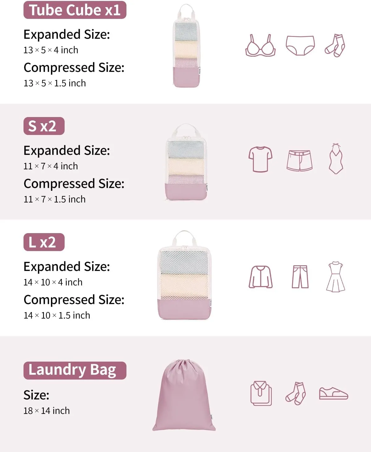 Narwey 6 Set Compression Packing Cubes Travel for Carry on Women, Packing Organizers Bag for Backpack Luggage Suitcase Duffle Bags (Dusty Rose)