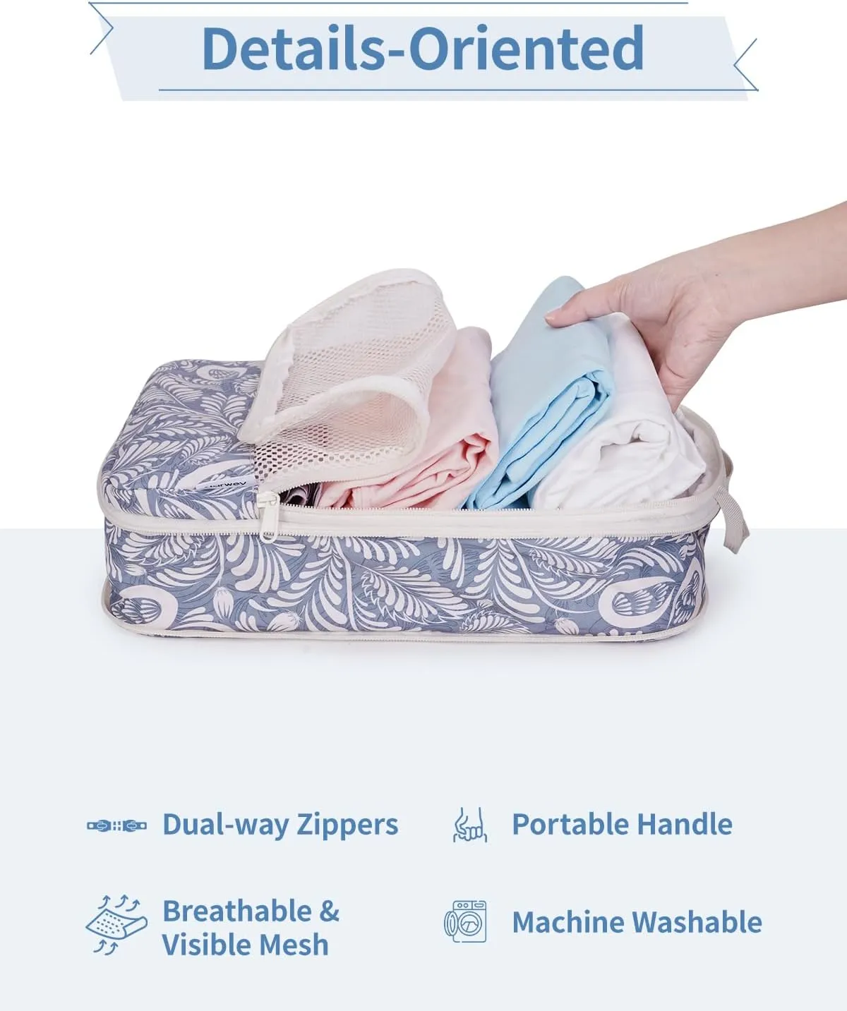 Narwey 6 Set Floral Compression Packing Cubes Travel for Carry on Women, Packing Organizers Bag for Backpack Luggage Suitcase Duffle Bags (Blue Leaf)