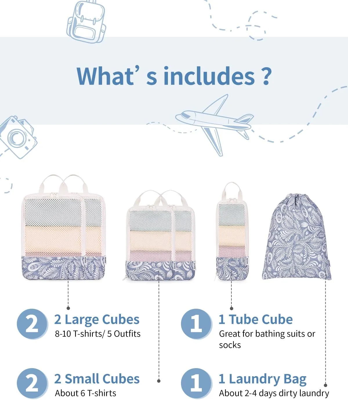 Narwey 6 Set Floral Compression Packing Cubes Travel for Carry on Women, Packing Organizers Bag for Backpack Luggage Suitcase Duffle Bags (Blue Leaf)