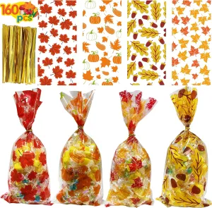 NC Thanksgiving Treat Bags - 160 Pcs Fall Cellophane Goodie Bags with Gold Twist Ties, Autumn Party Supplies for Halloween, Thanksgiving, Candy, Snack(Reusable Gift Packaging)