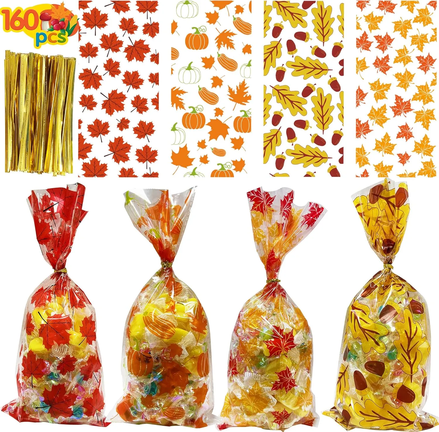 NC Thanksgiving Treat Bags - 160 Pcs Fall Cellophane Goodie Bags with Gold Twist Ties, Autumn Party Supplies for Halloween, Thanksgiving, Candy, Snack(Reusable Gift Packaging)