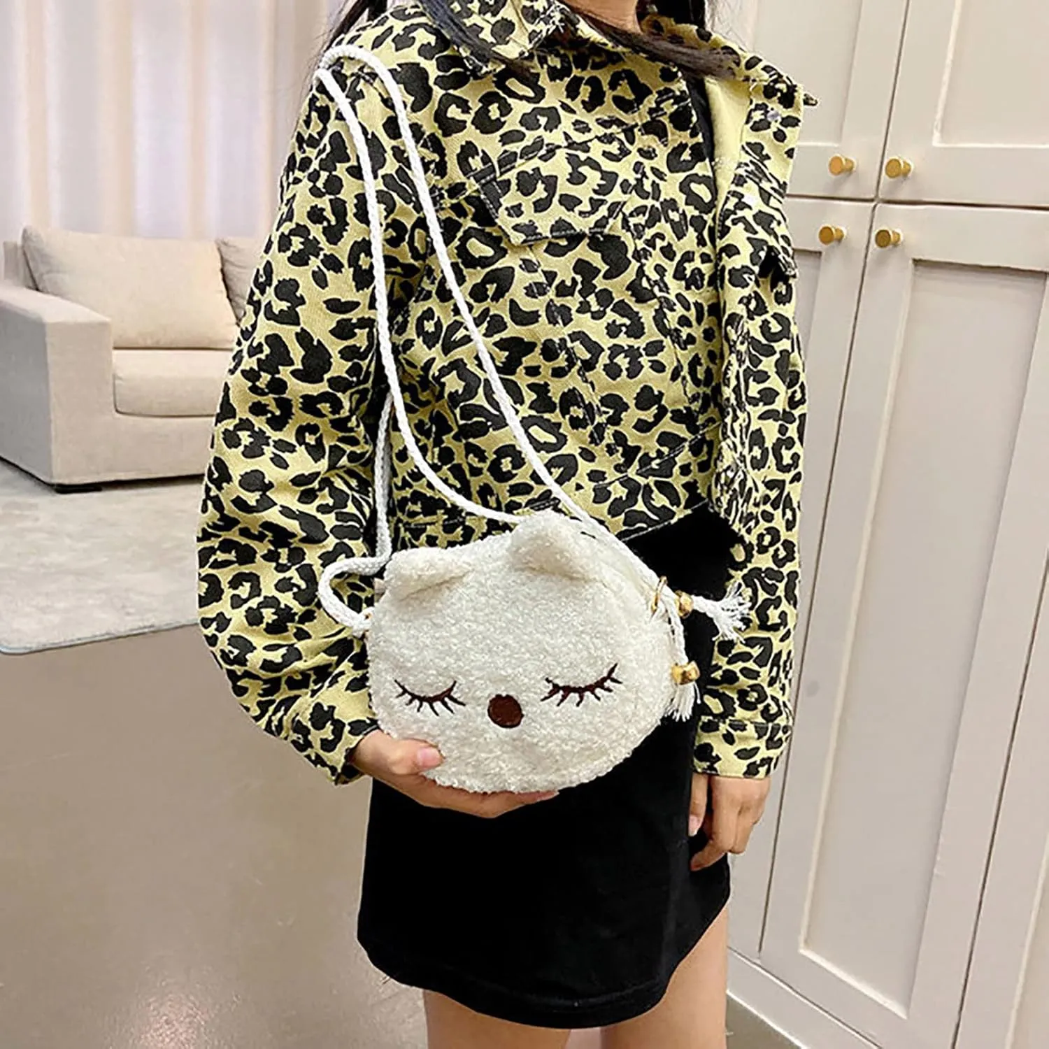 New Plush Children's Bag Mini Cute Cat Little Purse Shoulder BagsMessenger Sling Bags Big Tote Bags (White, One Size)