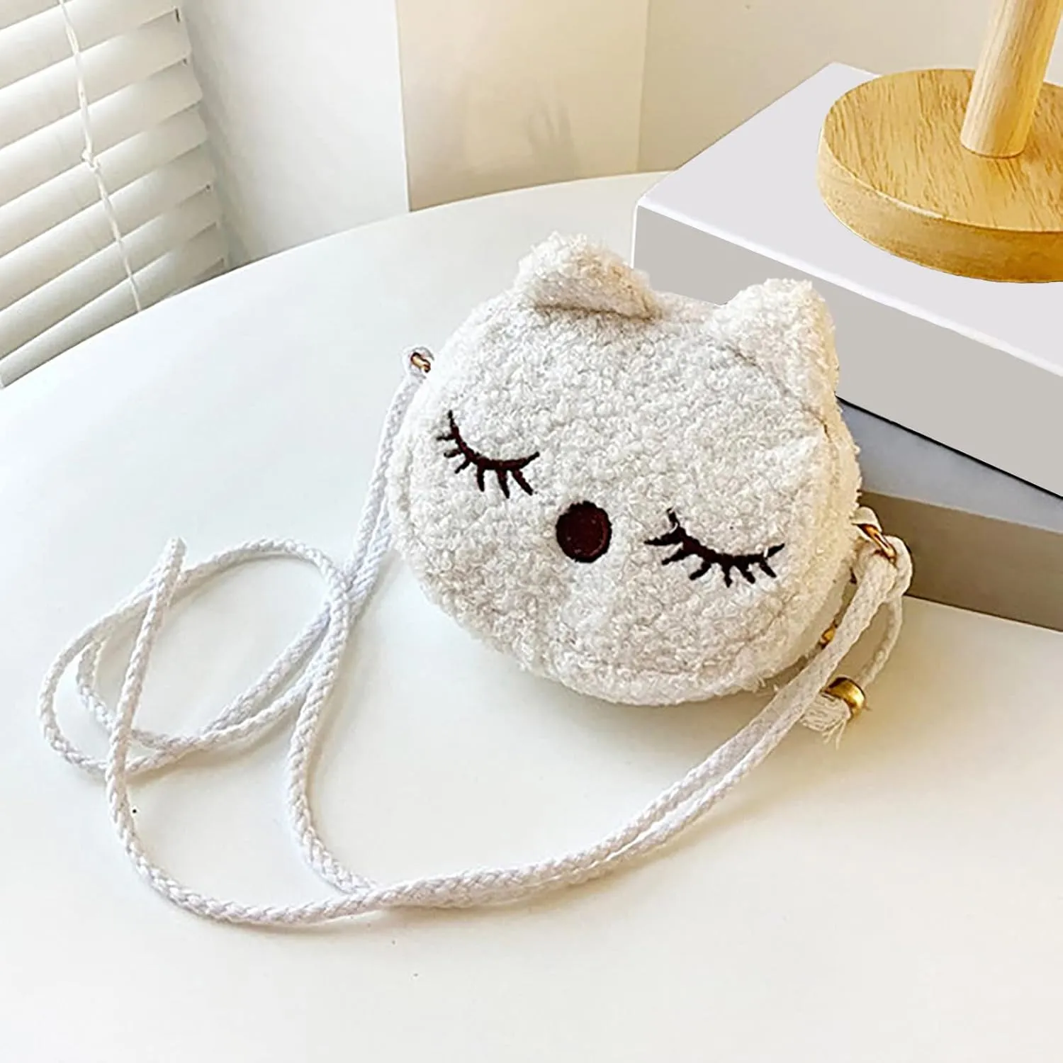 New Plush Children's Bag Mini Cute Cat Little Purse Shoulder BagsMessenger Sling Bags Big Tote Bags (White, One Size)