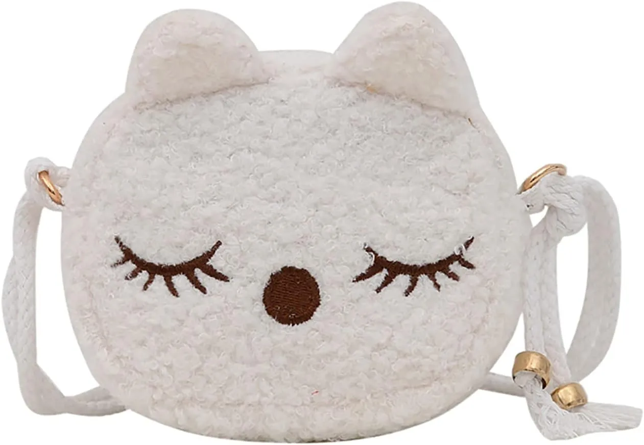 New Plush Children's Bag Mini Cute Cat Little Purse Shoulder BagsMessenger Sling Bags Big Tote Bags (White, One Size)