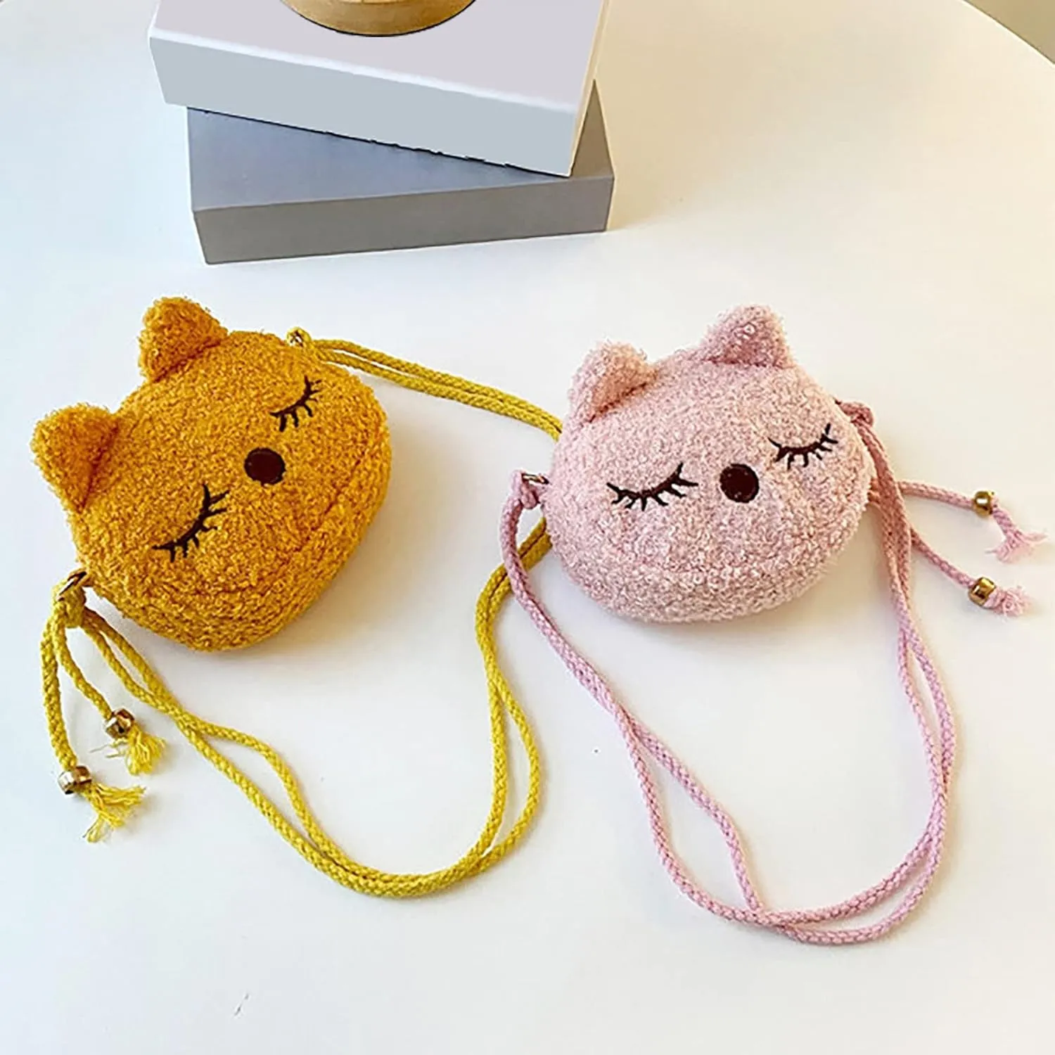 New Plush Children's Bag Mini Cute Cat Little Purse Shoulder BagsMessenger Sling Bags Big Tote Bags (Yellow, One Size)