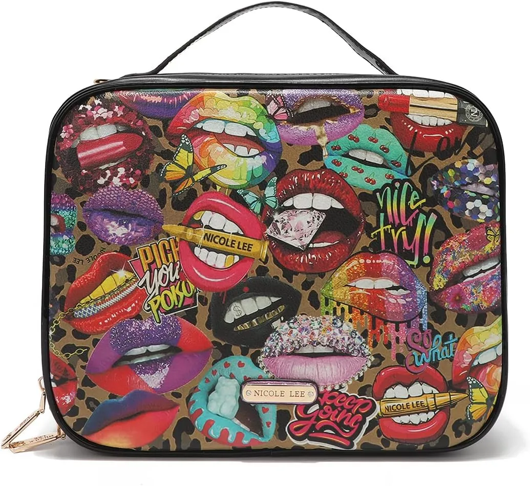 Nicole Lee Travel Handbag Crossbody Set with 3 Fashion Print Makeup Pouches, Women's Cosmetic Toiletry Organizer (All Emotion)