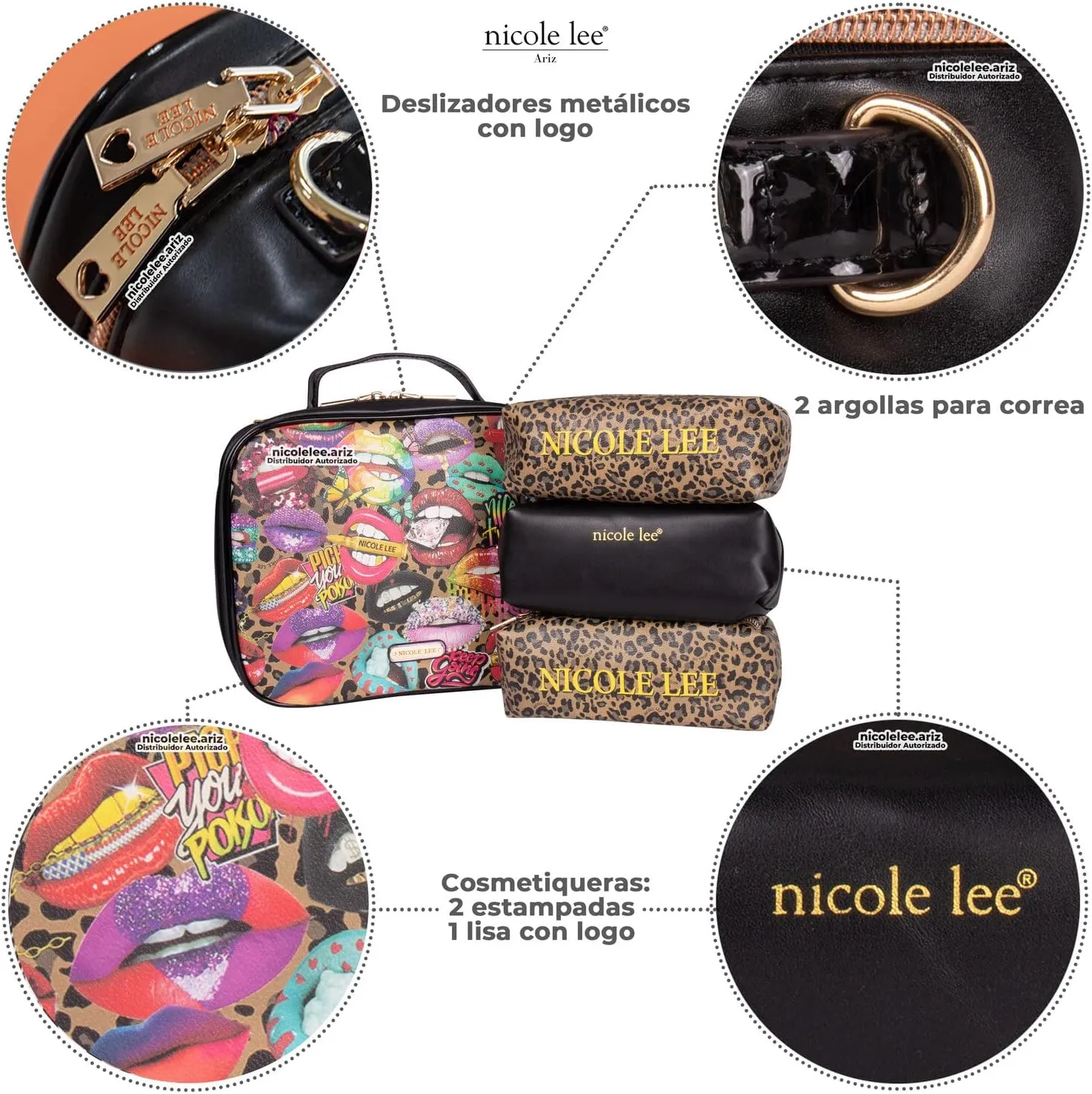 Nicole Lee Travel Handbag Crossbody Set with 3 Fashion Print Makeup Pouches, Women's Cosmetic Toiletry Organizer (All Emotion)