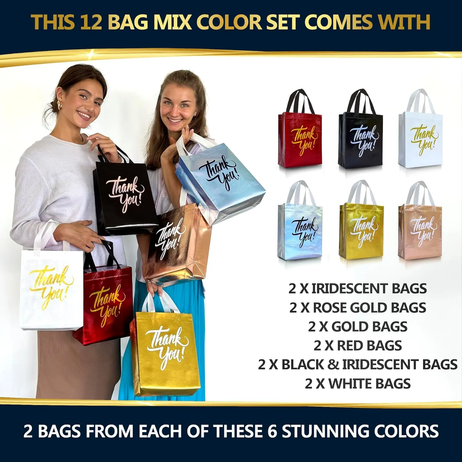 Nush Nush Thank You Gift Bags Bulk Medium  Set of 12 Reusable Thank You Bags From Six Vibrant Colors With a Premium Finish - Perfect As Goodie Bags, Birthday Bags, Party Favor Bags  8x4x10 Size