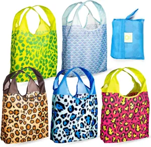 O-WITZ Reusable Grocery Bags | Vibrant Tote Bag For Groceries, Gym, Office, Beach & More | Washable Design With Large Handles For Maximum Convenience | Folds Into A Small Pouch, 5 Pack, Animal Vibes