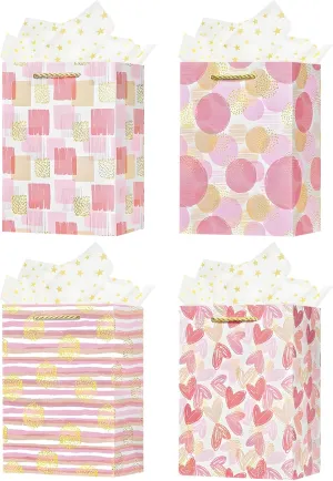 OFIHANLY 4Pcs 9" Small Size Gift Bag with Handles for Women Mom Girls Baby Kids Pink Heart Paper Gift Wrap Bags with Tissue Paper for Happy Mothers Day, Birthday, Party, Wedding, Anniversary, Baby Shower
