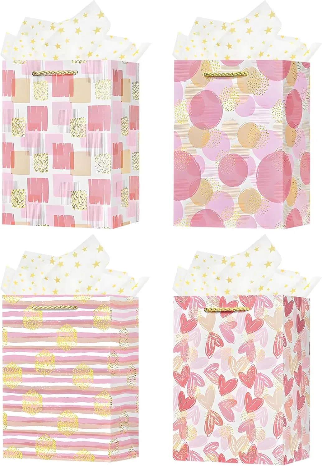 OFIHANLY 4Pcs 9" Small Size Gift Bag with Handles for Women Mom Girls Baby Kids Pink Heart Paper Gift Wrap Bags with Tissue Paper for Happy Mothers Day, Birthday, Party, Wedding, Anniversary, Baby Shower