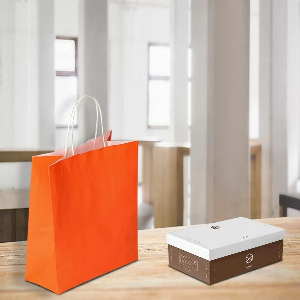 Oikss 50 Pack 8x4.75x10 Inch Medium Orange Kraft Paper Bags with Handles Bulk for Birthday Wedding Party Favors Grocery Retail Shopping Takeout Business Goody Craft Gift Bags Sacks, (50pcs Count)