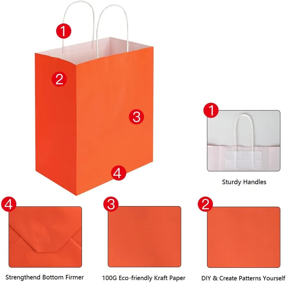 Oikss 50 Pack 8x4.75x10 Inch Medium Orange Kraft Paper Bags with Handles Bulk for Birthday Wedding Party Favors Grocery Retail Shopping Takeout Business Goody Craft Gift Bags Sacks, (50pcs Count)