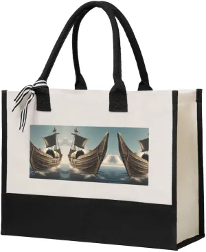 Old Viking Boat Christmas Tote Bags With Handles Canvas Reusable Gift Bag For Women Shopping Holiday Travel
