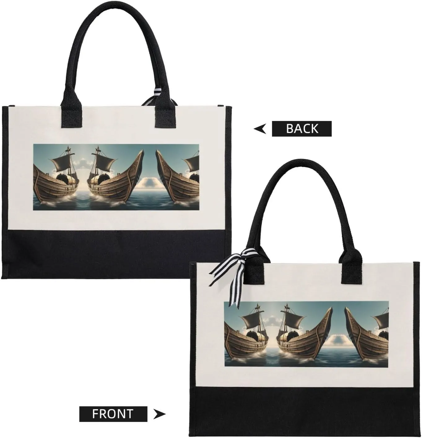Old Viking Boat Christmas Tote Bags With Handles Canvas Reusable Gift Bag For Women Shopping Holiday Travel