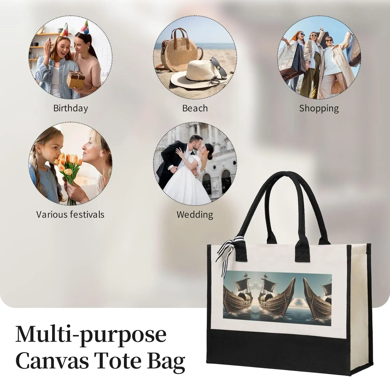 Old Viking Boat Christmas Tote Bags With Handles Canvas Reusable Gift Bag For Women Shopping Holiday Travel