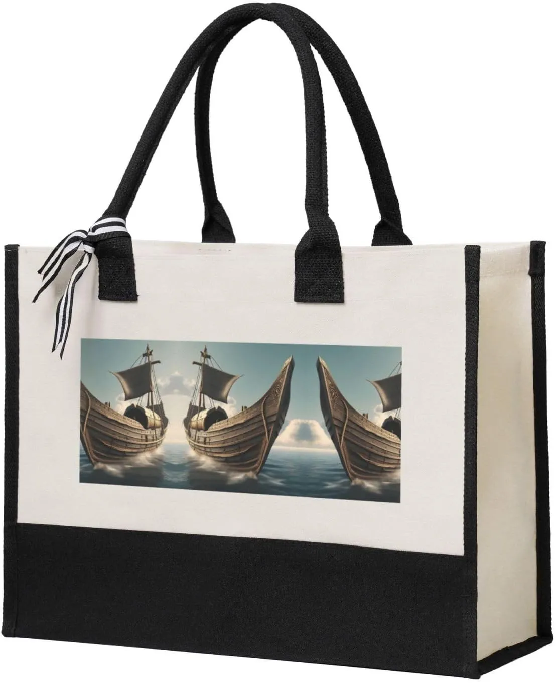 Old Viking Boat Christmas Tote Bags With Handles Canvas Reusable Gift Bag For Women Shopping Holiday Travel