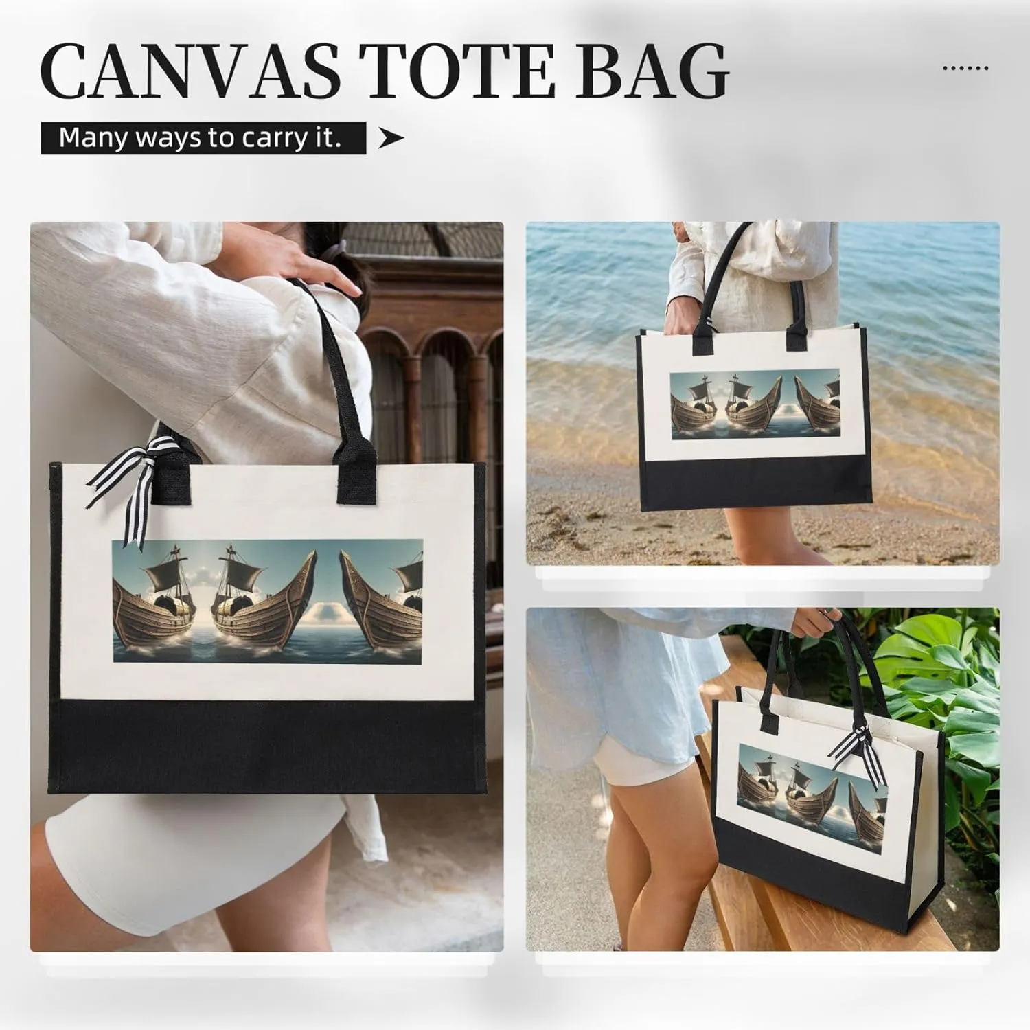 Old Viking Boat Christmas Tote Bags With Handles Canvas Reusable Gift Bag For Women Shopping Holiday Travel