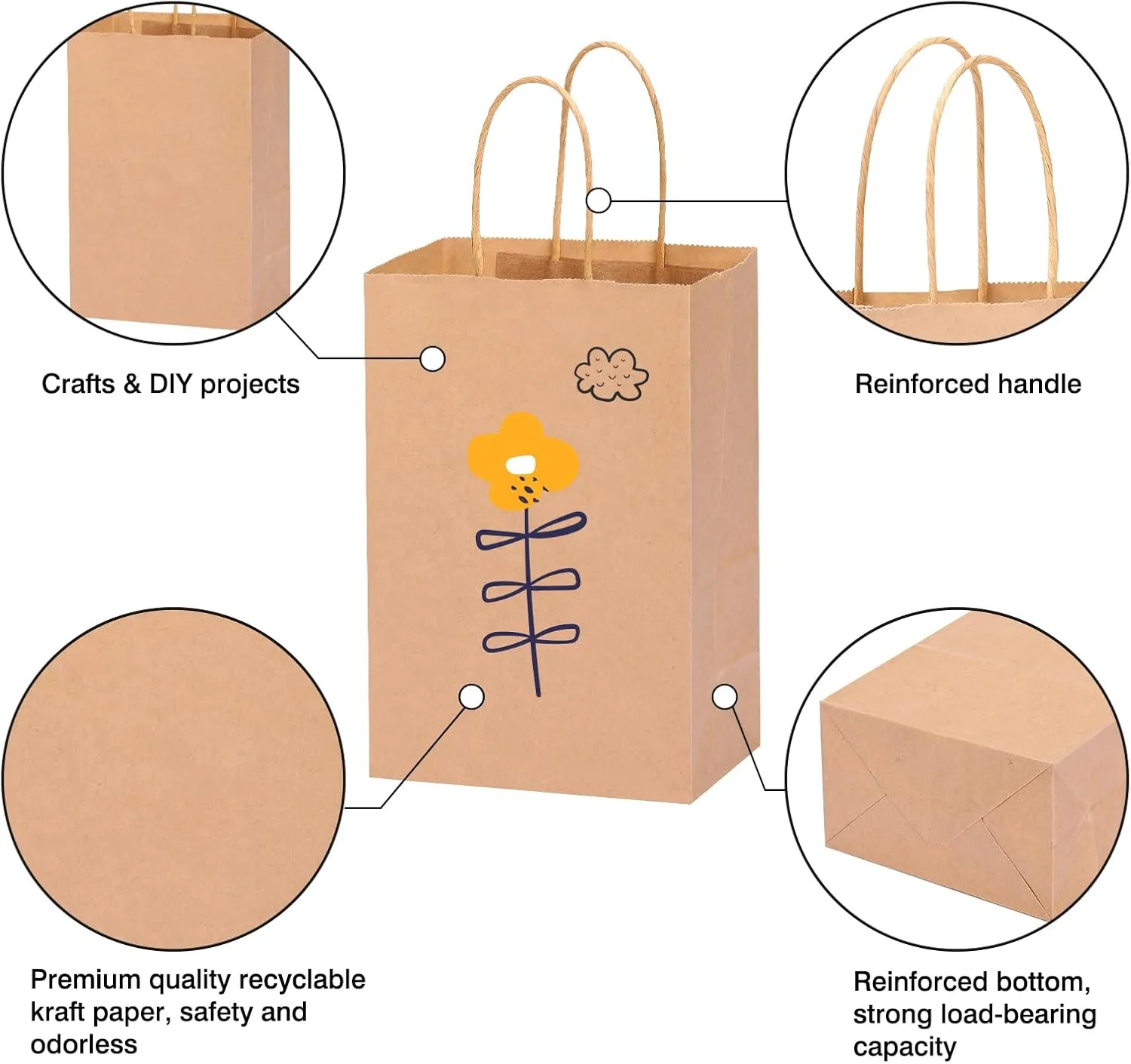 OUTUXED 150pcs Brown Paper Gift Bags, 5.25x3.2x8in Small Paper Bags with Handles Bulk for Shopping, Birthday, Wedding, Merchandise and Business Party (Kraft)