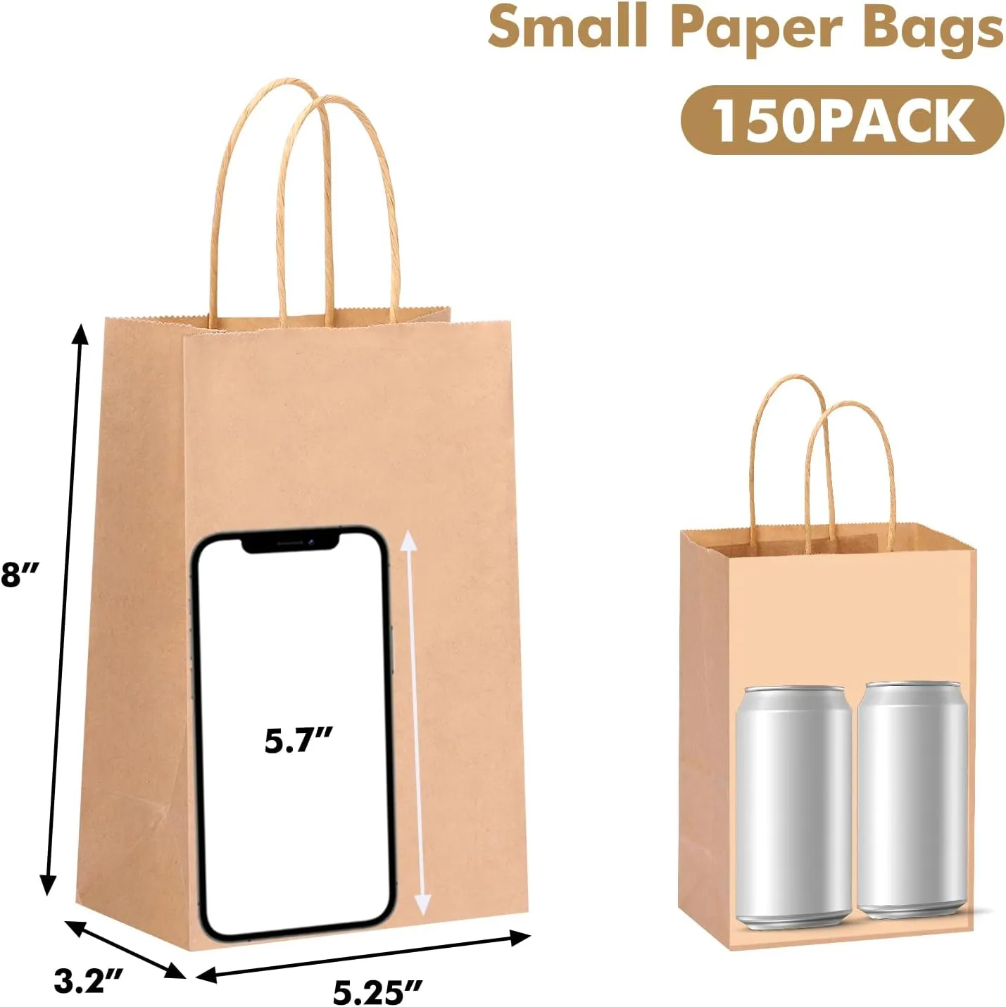 OUTUXED 150pcs Brown Paper Gift Bags, 5.25x3.2x8in Small Paper Bags with Handles Bulk for Shopping, Birthday, Wedding, Merchandise and Business Party (Kraft)
