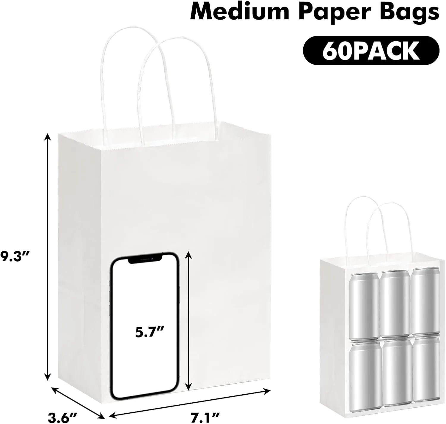 OUTUXED 60pcs Paper Gift Bags, Kraft Paper Bags with Handles, 7.1x3.6x9.3in Medium Size Paper Bags for Retail, Gift Wrapping, and Shopping
