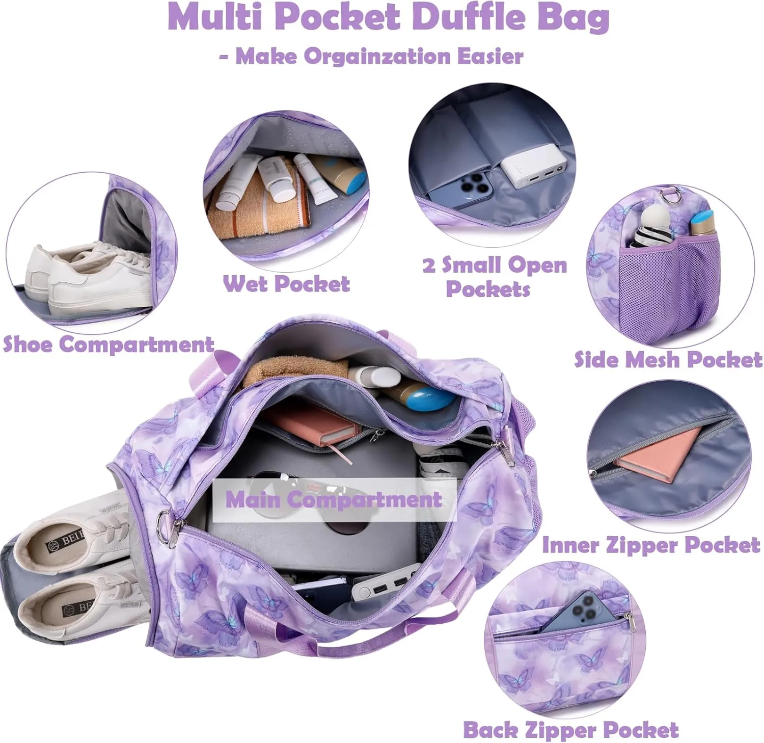Overnight Bag for Girls, Purple Butterfly Dance Duffle Bag with Shoe Compartments Gym Sports Ballet for Girls Women, Large Capacity Weekender Carry On with Trolley Sleeve for Travel