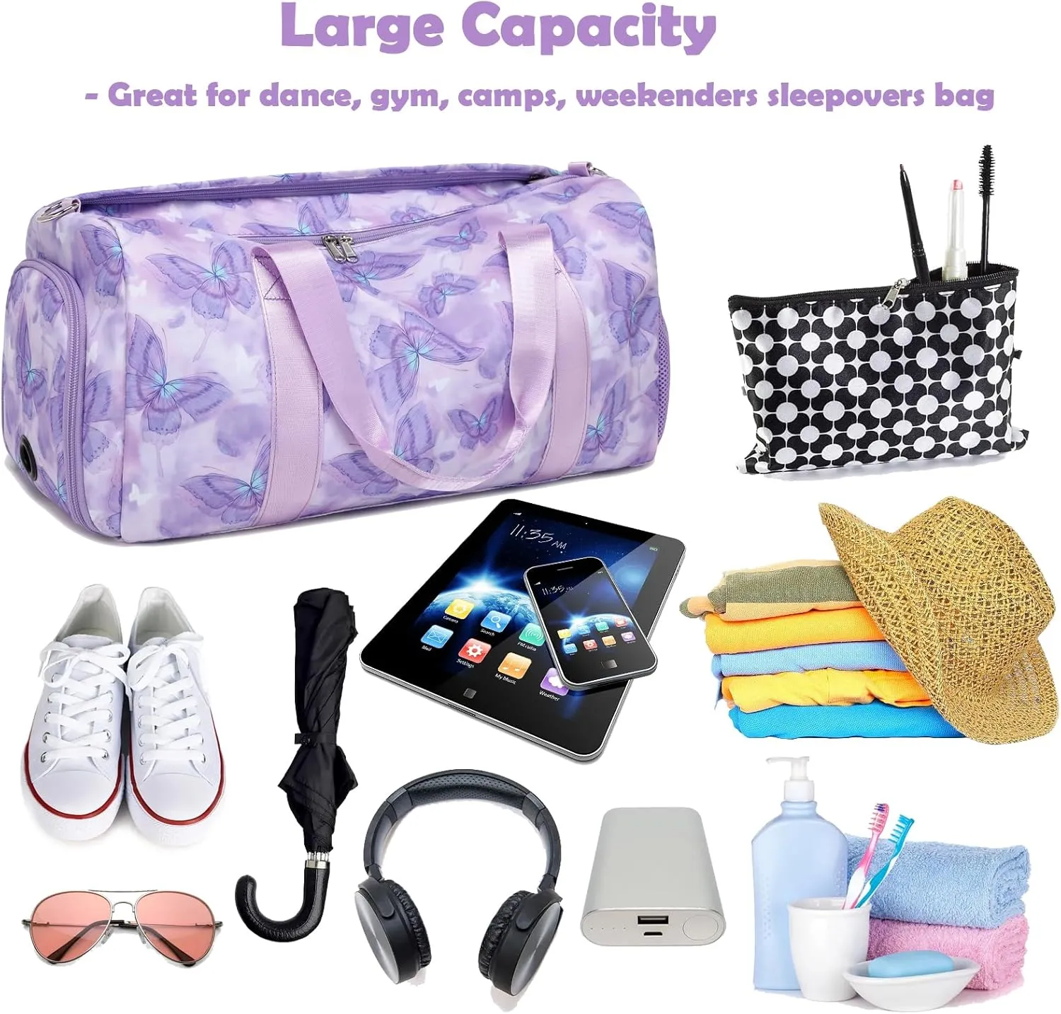 Overnight Bag for Girls, Purple Butterfly Dance Duffle Bag with Shoe Compartments Gym Sports Ballet for Girls Women, Large Capacity Weekender Carry On with Trolley Sleeve for Travel