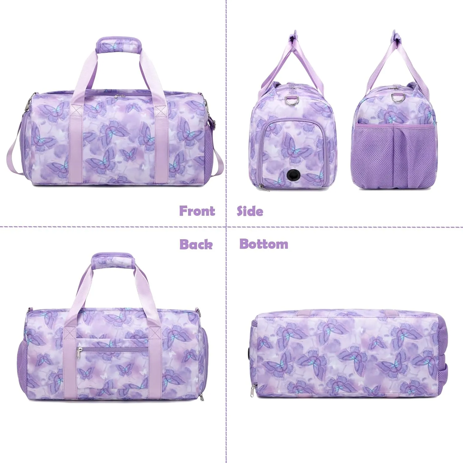 Overnight Bag for Girls, Purple Butterfly Dance Duffle Bag with Shoe Compartments Gym Sports Ballet for Girls Women, Large Capacity Weekender Carry On with Trolley Sleeve for Travel