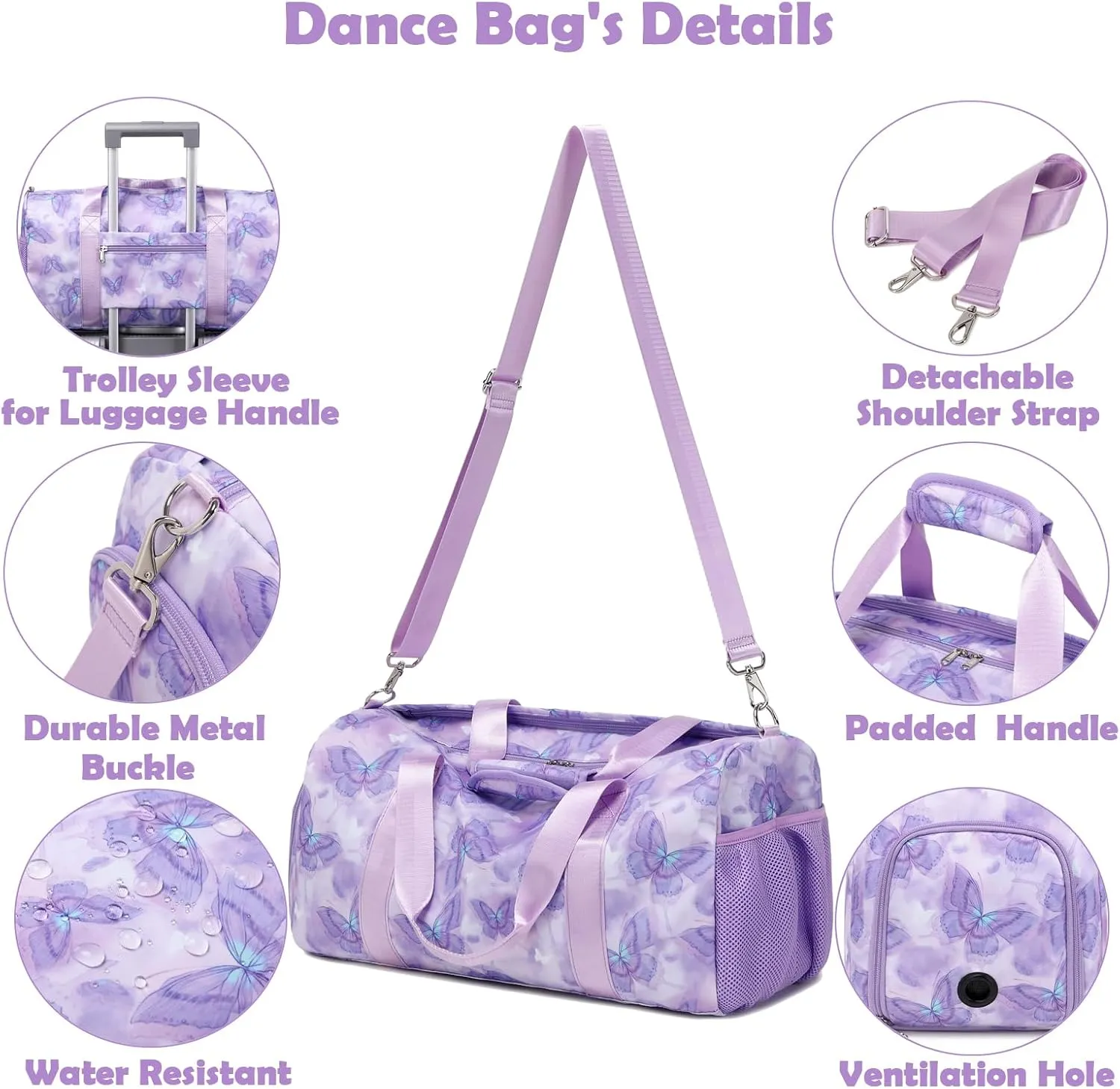 Overnight Bag for Girls, Purple Butterfly Dance Duffle Bag with Shoe Compartments Gym Sports Ballet for Girls Women, Large Capacity Weekender Carry On with Trolley Sleeve for Travel