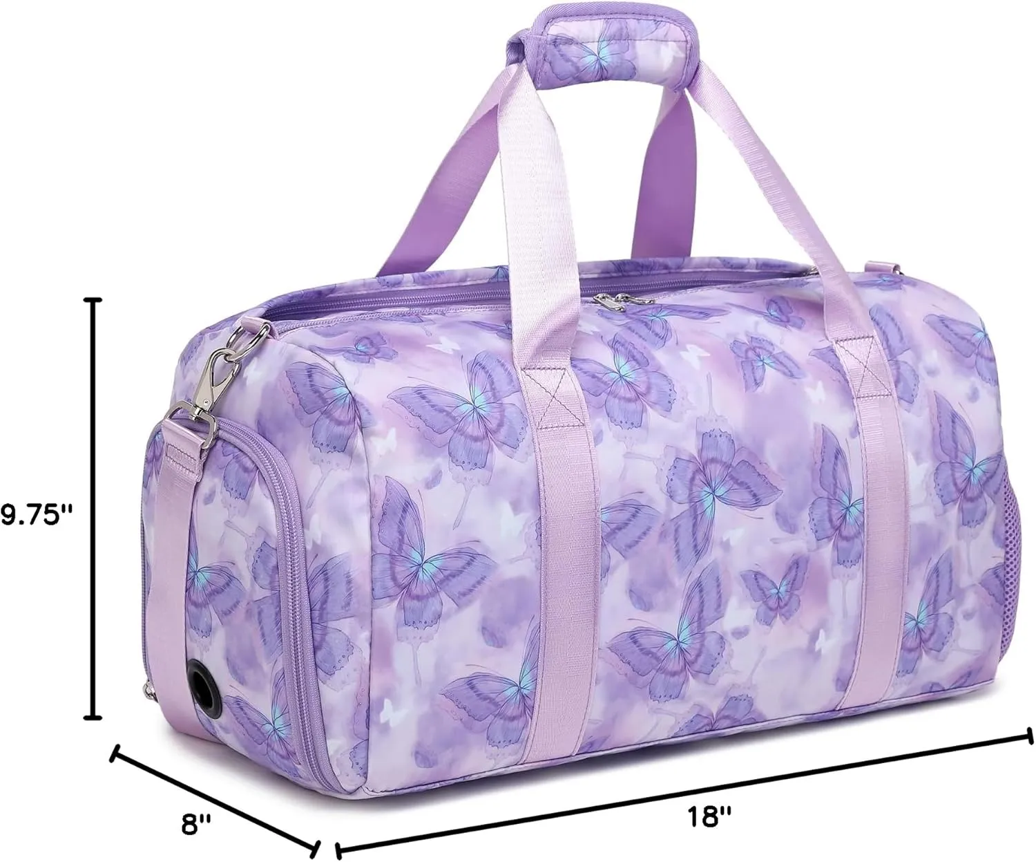 Overnight Bag for Girls, Purple Butterfly Dance Duffle Bag with Shoe Compartments Gym Sports Ballet for Girls Women, Large Capacity Weekender Carry On with Trolley Sleeve for Travel