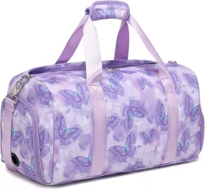 Overnight Bag for Girls, Purple Butterfly Dance Duffle Bag with Shoe Compartments Gym Sports Ballet for Girls Women, Large Capacity Weekender Carry On with Trolley Sleeve for Travel