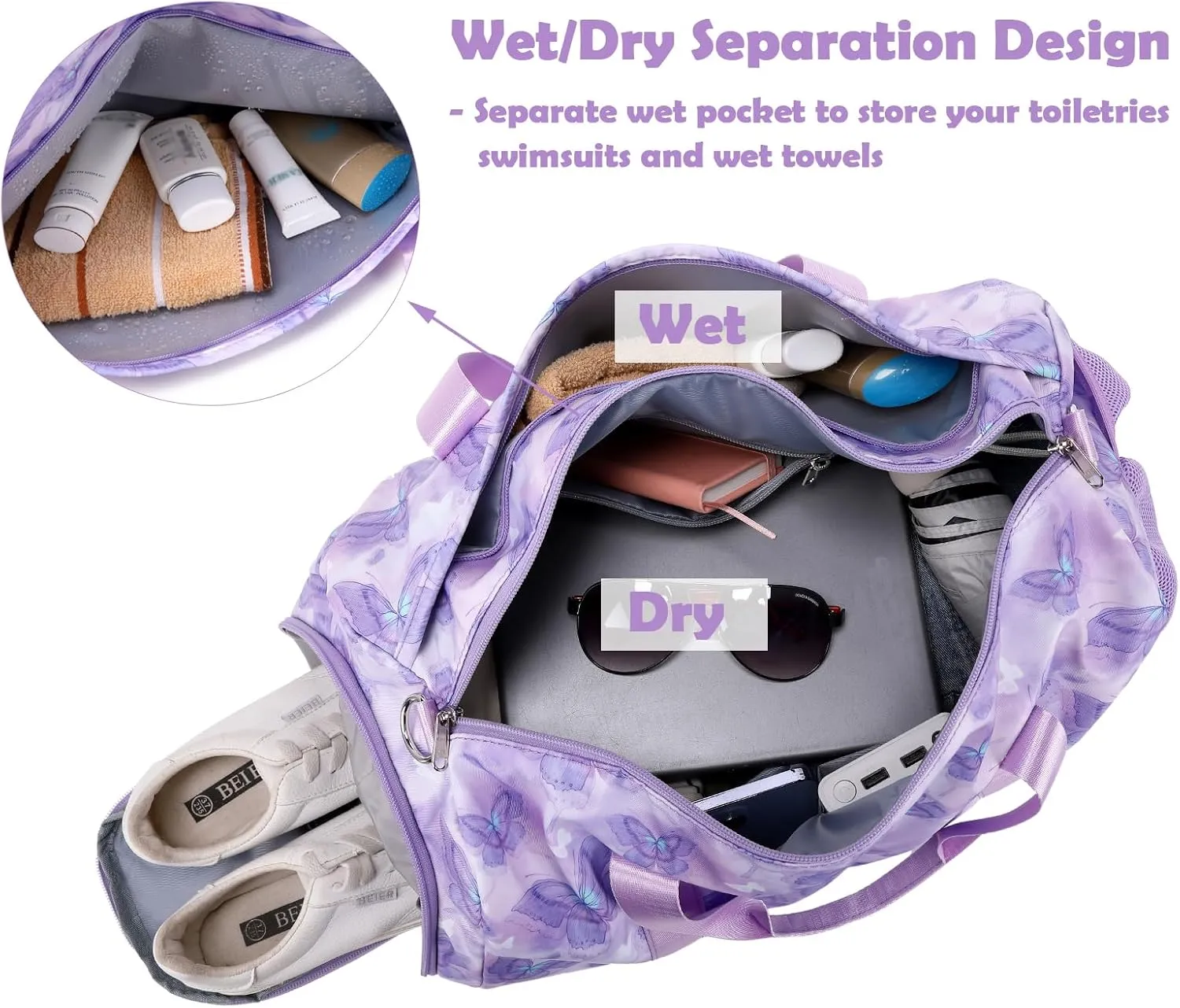 Overnight Bag for Girls, Purple Butterfly Dance Duffle Bag with Shoe Compartments Gym Sports Ballet for Girls Women, Large Capacity Weekender Carry On with Trolley Sleeve for Travel