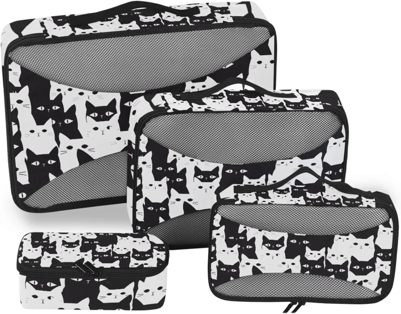 Packing Cubes for Travel 4 Set Black Cat White Luggage Set Suitcase Organizer Bags Mesh Accessories Storage Pouch Toiletry Packing Cubes