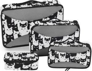Packing Cubes for Travel 4 Set Black Cat White Luggage Set Suitcase Organizer Bags Mesh Accessories Storage Pouch Toiletry Packing Cubes